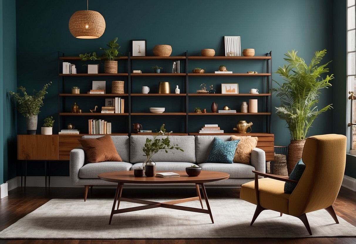 A modern living room with a West Elm Mid-Century Wall Shelf adorned with stylish decor items under $500