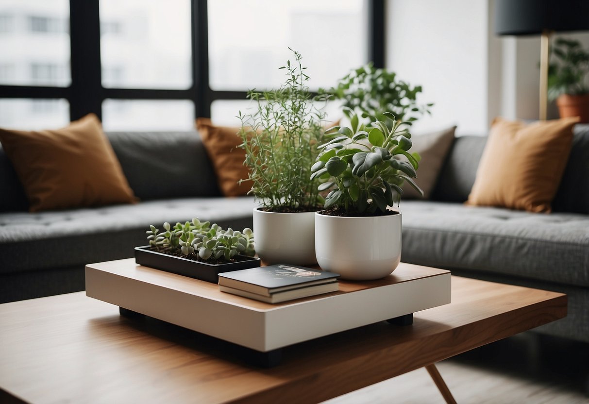 A modern apartment with a sleek urban aesthetic. A Herb Planter from Urban Outfitters sits on a minimalist coffee table, surrounded by trendy decor items