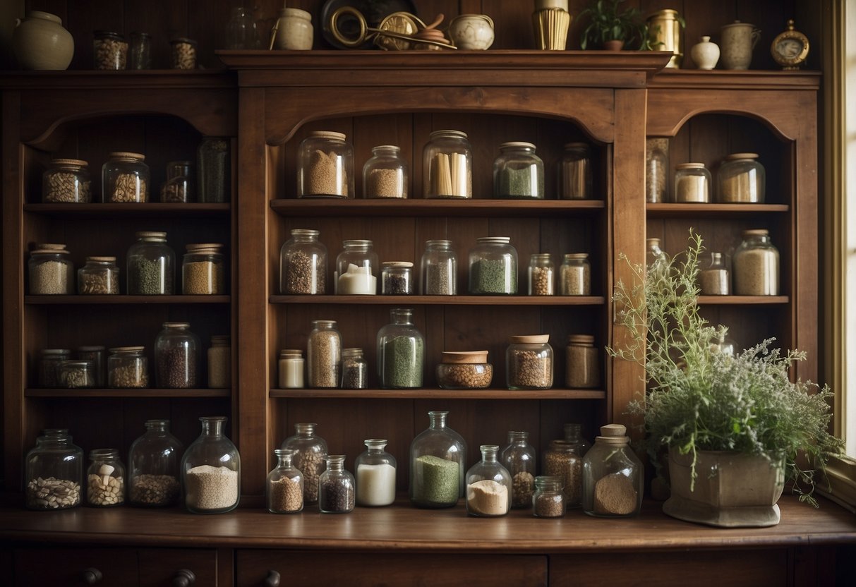 A shelf adorned with various apothecary jars in a cozy home setting, surrounded by other decorative elements, all within a budget of $500