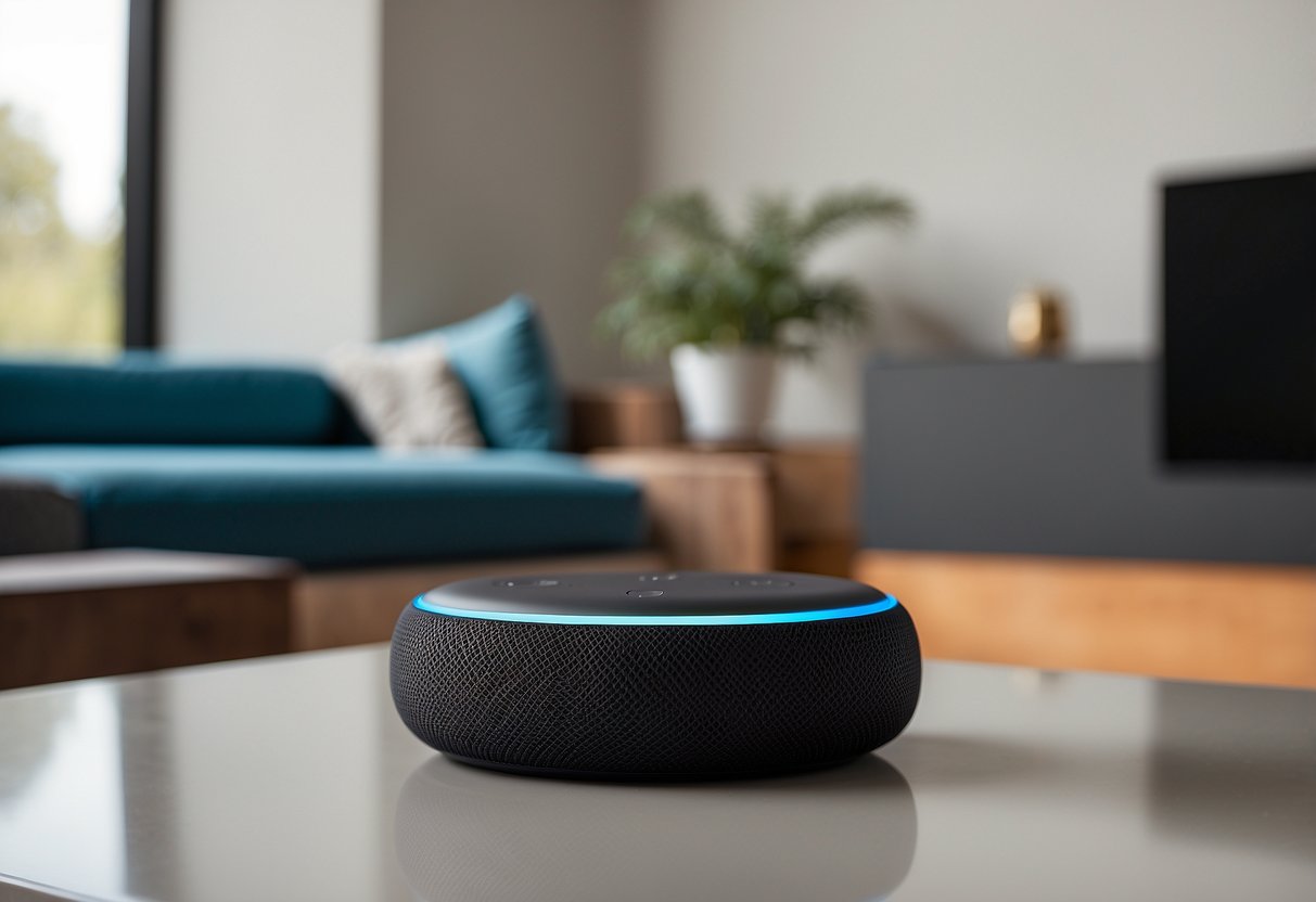 An elegant living room with Amazon Echo Dot integrated into the decor. Minimalist furniture, soft lighting, and pops of color. Total cost under $500