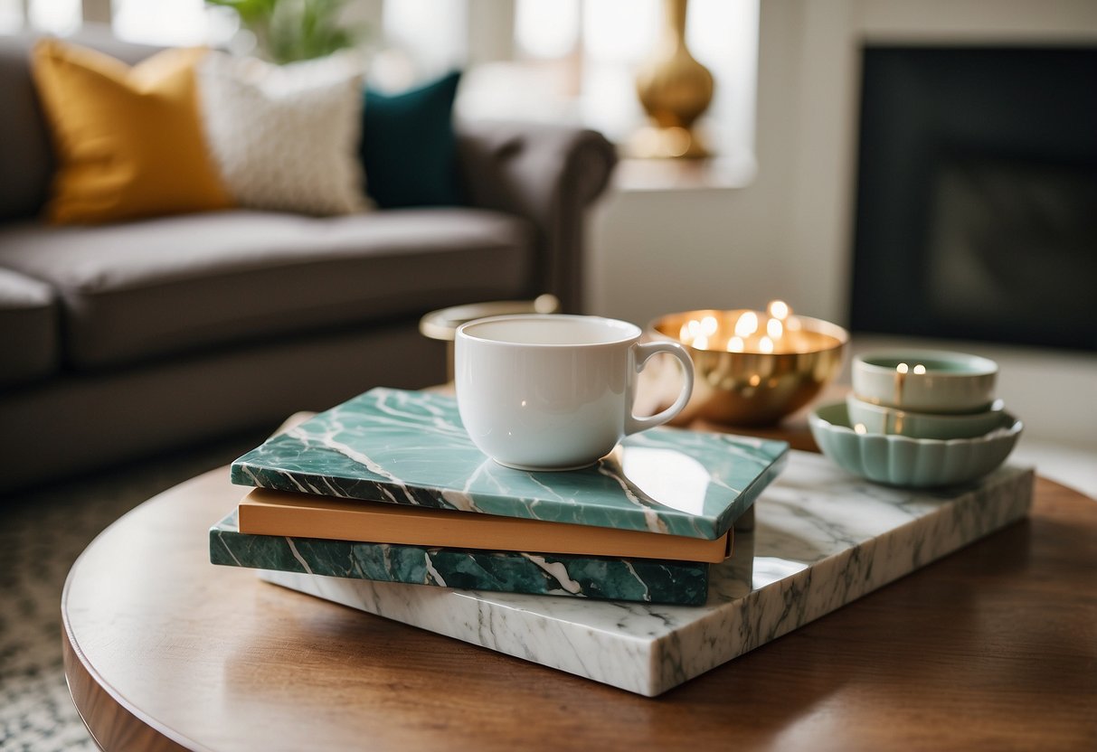 A stylish living room with a marble coffee table adorned with Anthropologie Agate Coasters. Subtle sunlight highlights the vibrant colors of the coasters, creating a chic and elegant home decor display