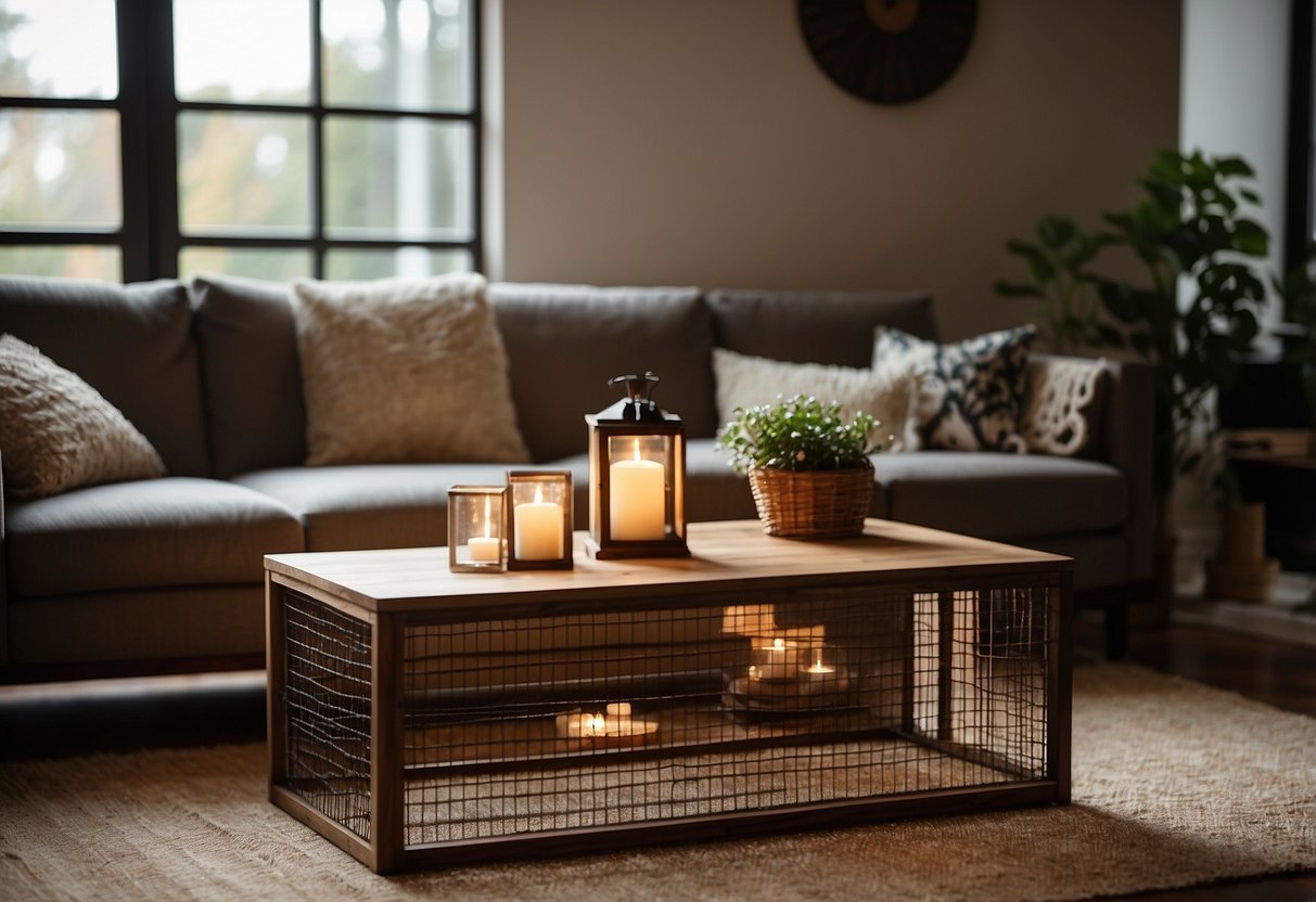 A modern living room with a cozy sofa, coffee table, and a Crate & Barrel Caged Lantern as the centerpiece, casting a warm glow