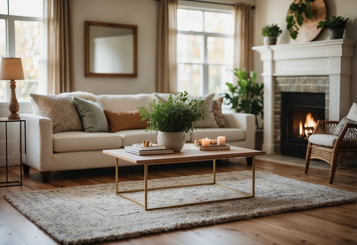 A cozy living room with a stylish Wayfair area rug as the centerpiece. The rug complements the decor and adds warmth to the space