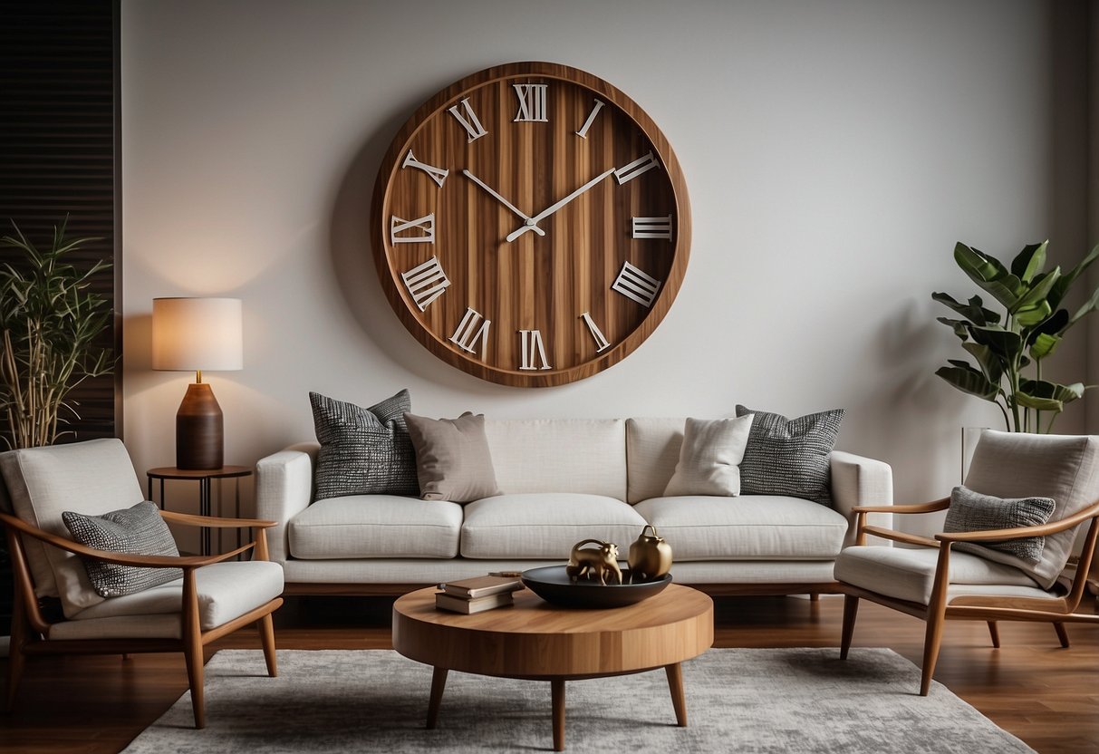 A zebrawood wall clock hangs above a modern living room fireplace, surrounded by minimalist decor and natural light