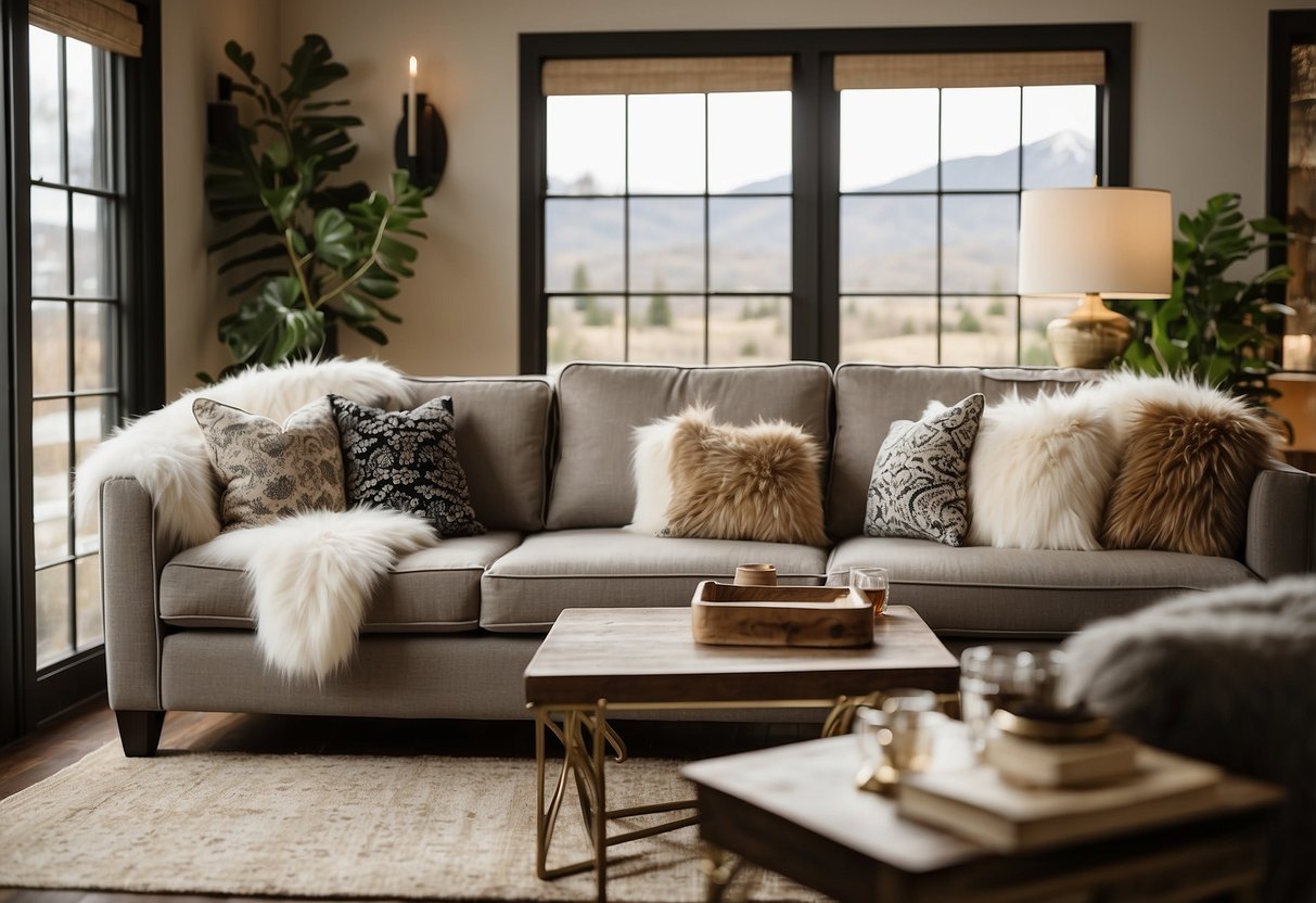 A cozy living room with a plush Pottery Barn Faux Fur Pillow on a stylish couch, surrounded by other affordable home decor items under $500