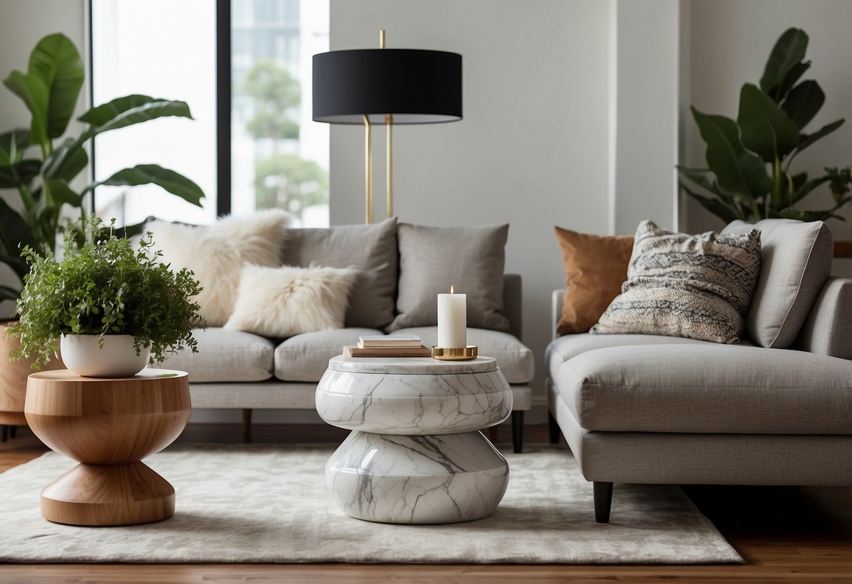 A modern living room with a CB2 marble side table as the centerpiece, surrounded by chic home decor items under $500