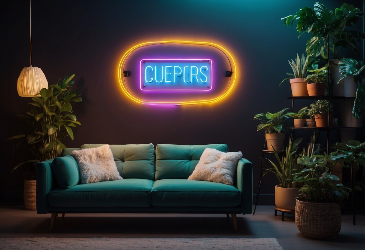 A cozy living room with a custom neon sign hanging above a modern sofa, surrounded by plants and decorative pillows