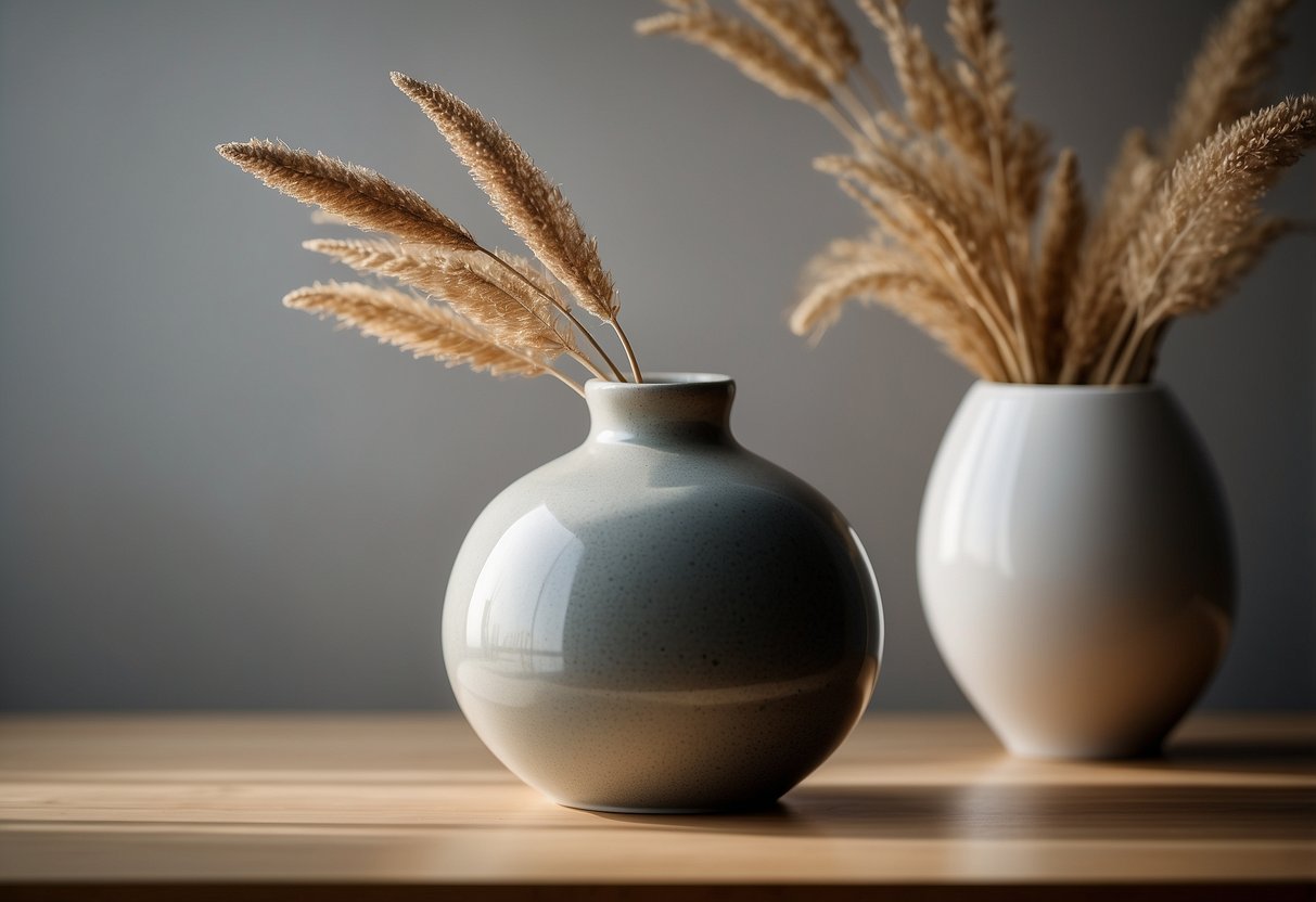 A sleek, modern ceramic vase sits on a minimalist shelf surrounded by neutral-toned decor. The vase is the focal point, adding a touch of elegance to the space