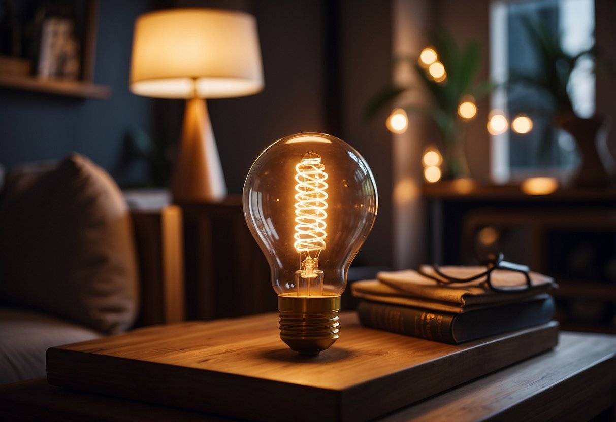 An Edison bulb lamp sits on a wooden table in a cozy living room, surrounded by modern home decor items. The warm glow of the lamp creates a welcoming atmosphere