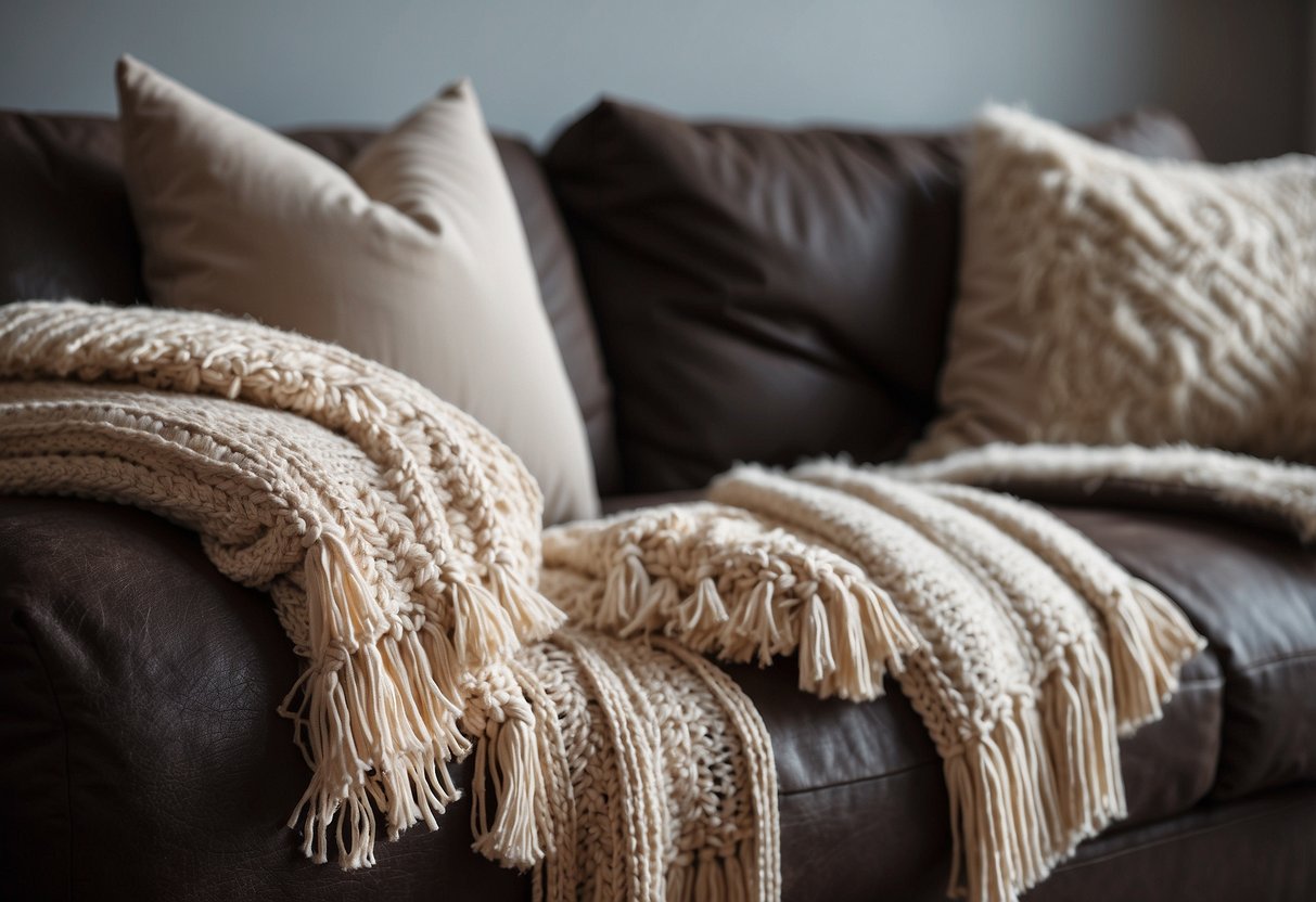 A cozy living room with a knitted throw blanket draped over a sofa, woolen thread macrame wall hangings, and handmade woolen thread tassels adorning decorative pillows