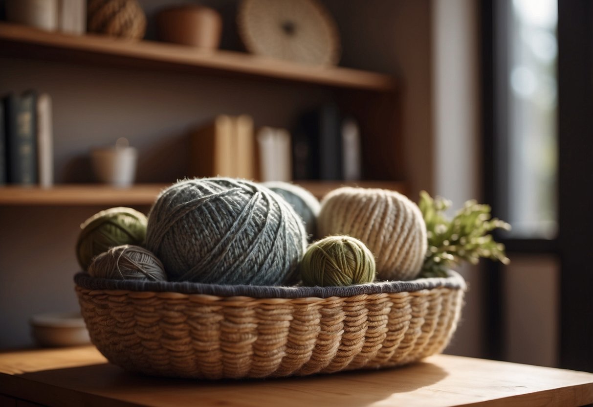 A cozy living room with woolen thread baskets on a wooden shelf, adding warmth and texture to the decor