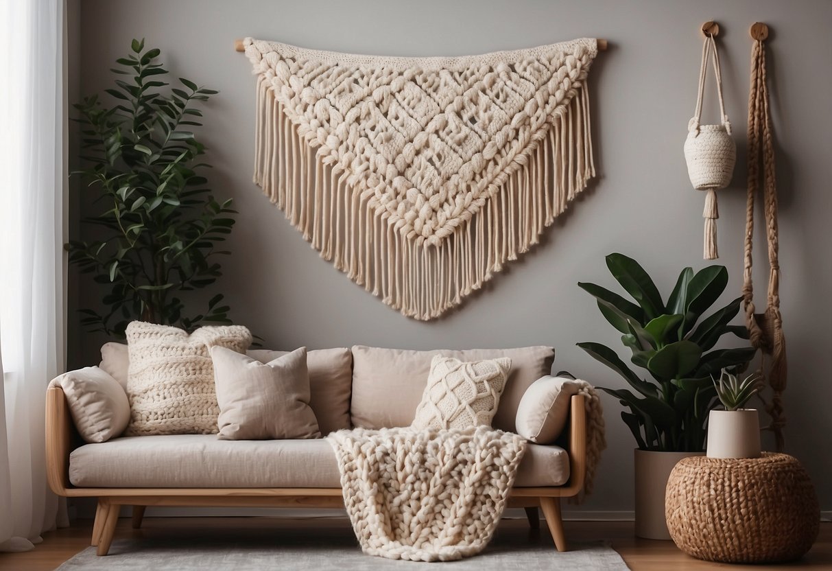 A cozy living room with woolen thread wall hangings, macrame plant hangers, and knitted throw pillows