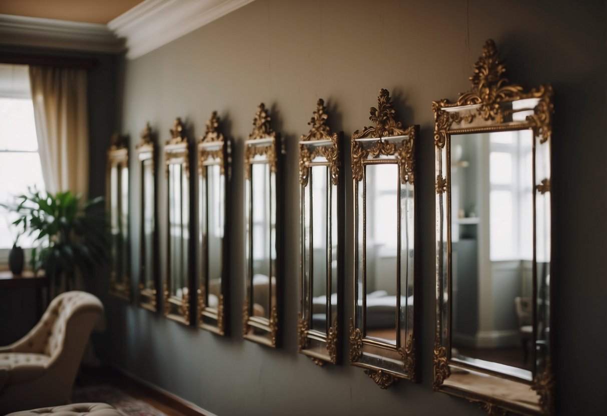 Antique mirrors adorn the walls, reflecting light and adding a touch of vintage charm to the room's decor