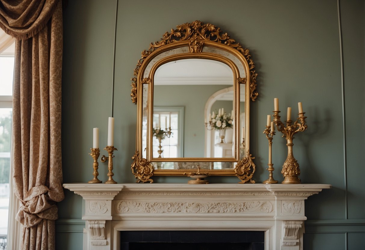 A vintage Victorian gilt mirror hangs above an ornate fireplace, reflecting the opulent decor of the room. Antique mirrors adorn the walls, adding a touch of old-world elegance to the space