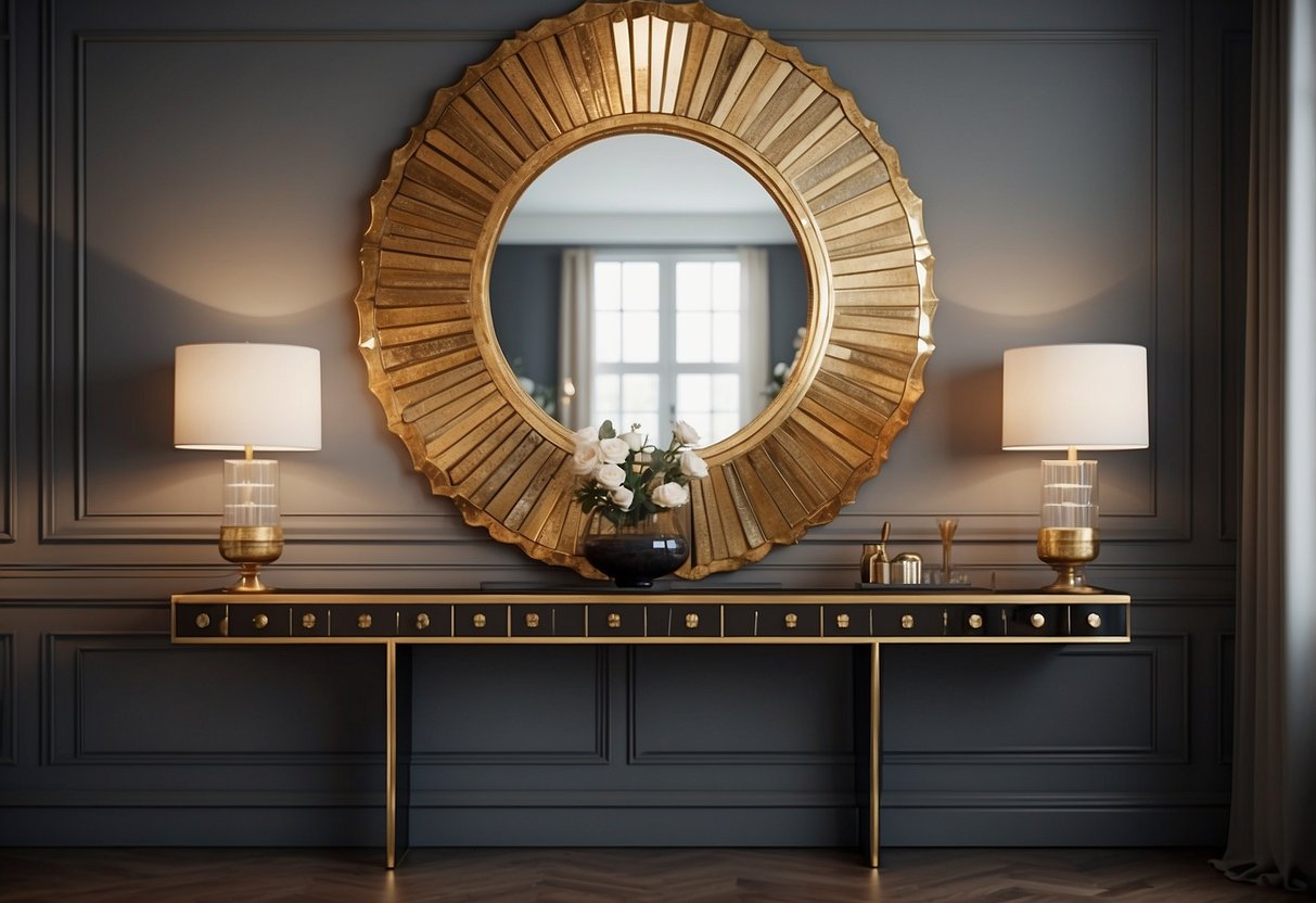 An antique mirror with sunburst design hangs above a sleek Art Deco console, reflecting light and adding elegance to the room