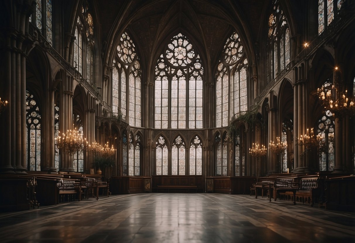 A grand Gothic Revival Cathedral with antique mirrors adorning the walls, creating a regal and vintage home decor ambiance