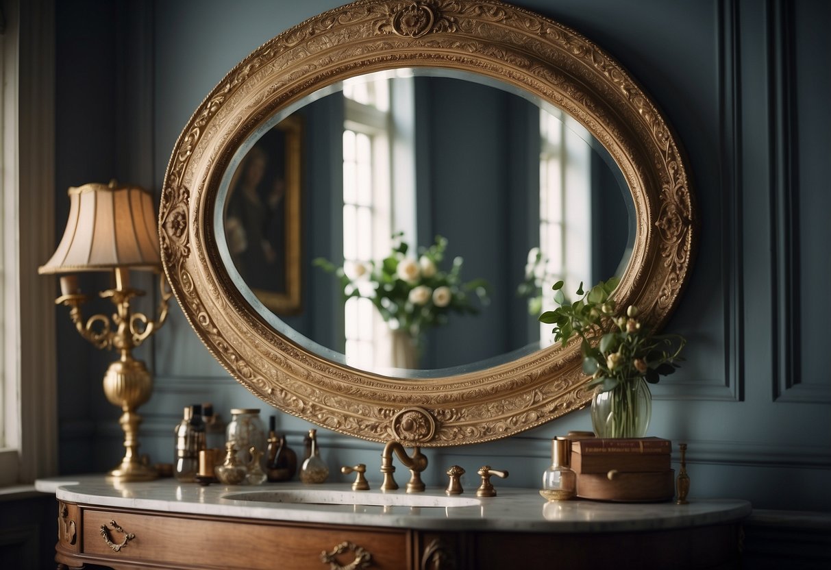 An ornate oval beveled mirror hangs above a vintage vanity, reflecting the intricate details of the Edwardian era. The antique mirror adds a touch of elegance to the room, capturing the essence of old-world charm