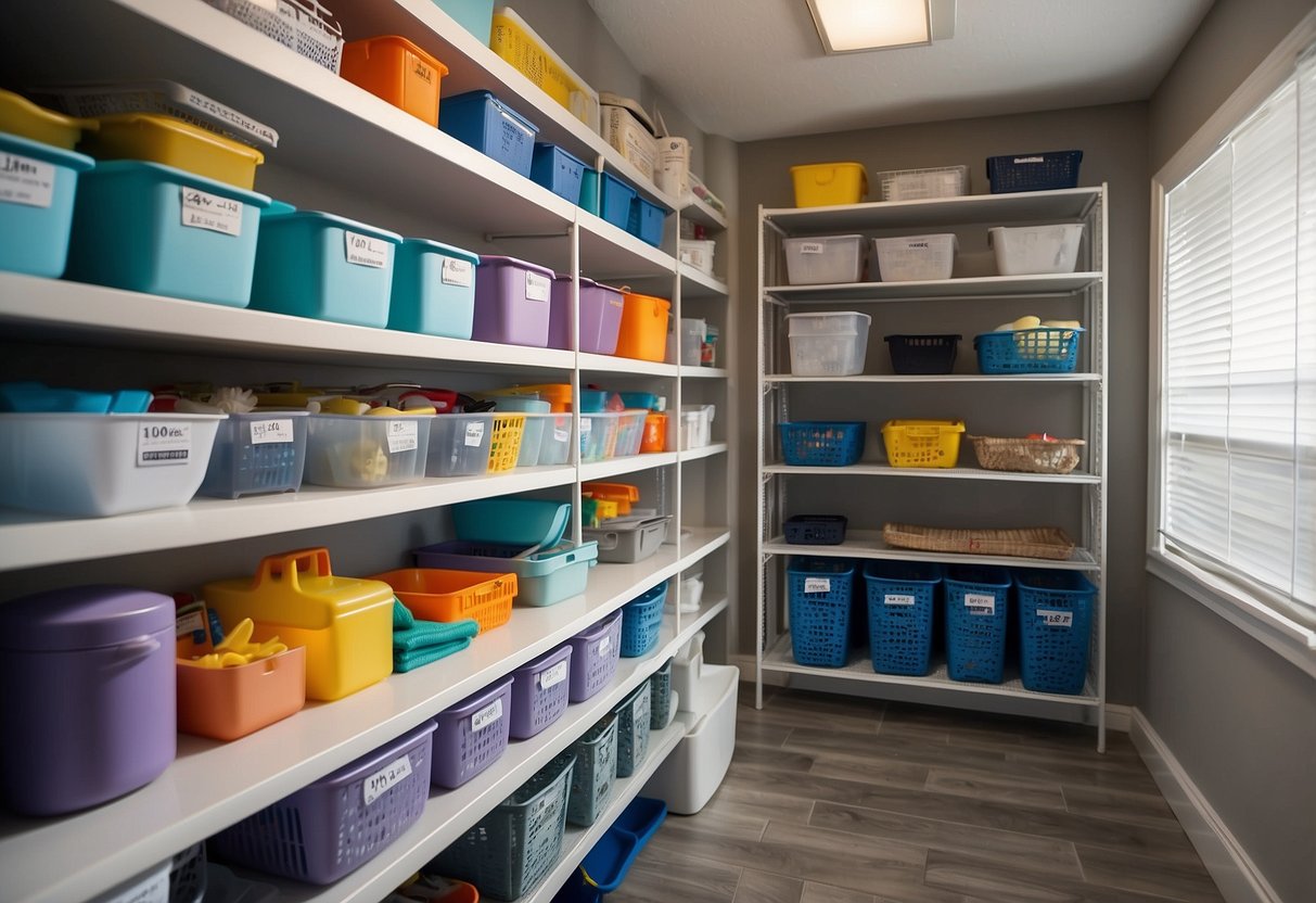 A utility room with organized shelves, labeled containers, and hanging hooks for cleaning supplies. A bright, clean space with a pop of color from decorative storage bins