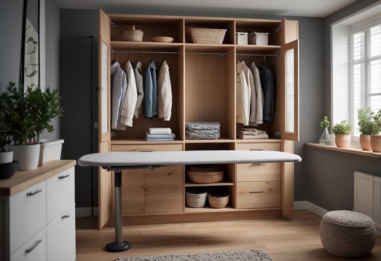 A built-in ironing board cabinet in a tidy utility room with home decor accents