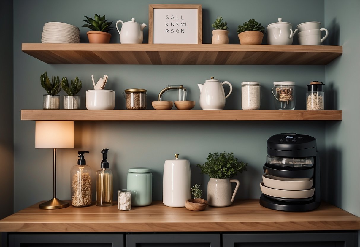 The utility room has overhead storage shelves filled with neatly arranged home decor items, creating a functional and aesthetically pleasing space