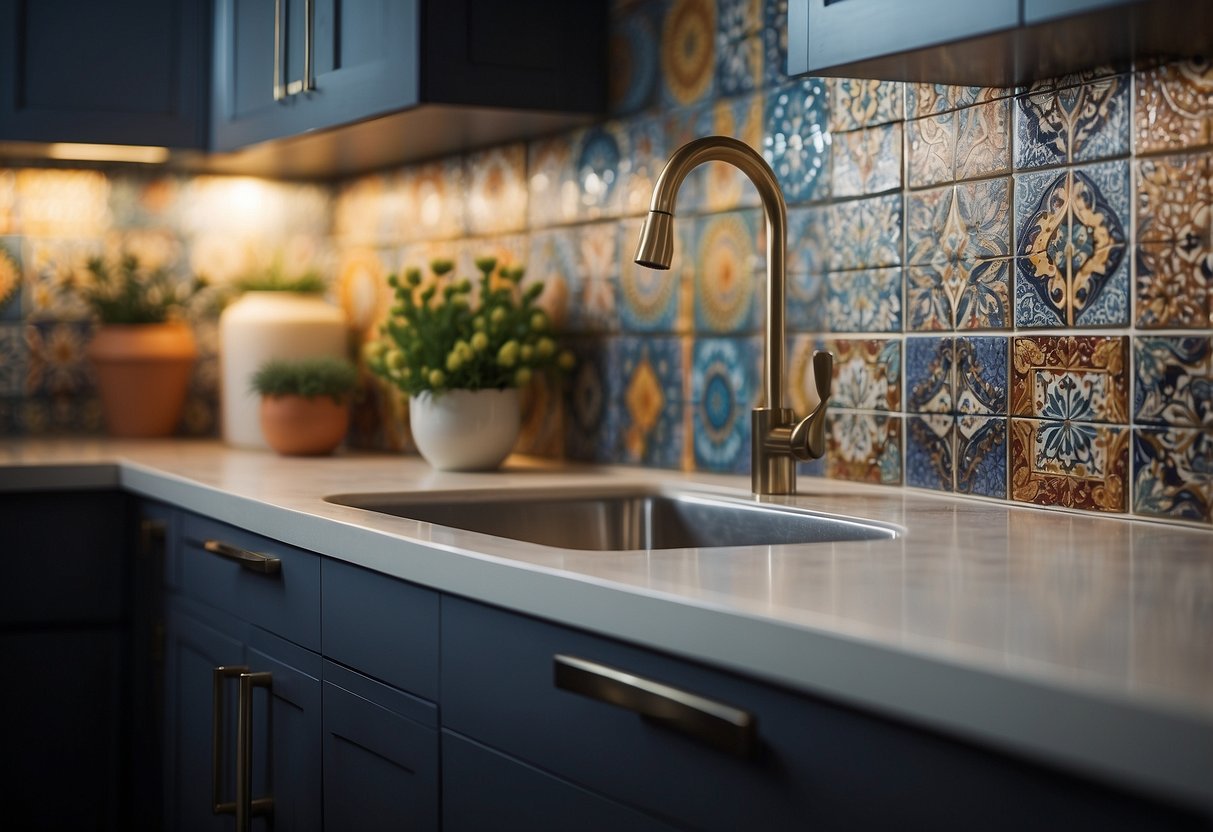 A utility room with a decorative tile backsplash, featuring a pattern of colorful and intricate designs, adding a touch of elegance to the space