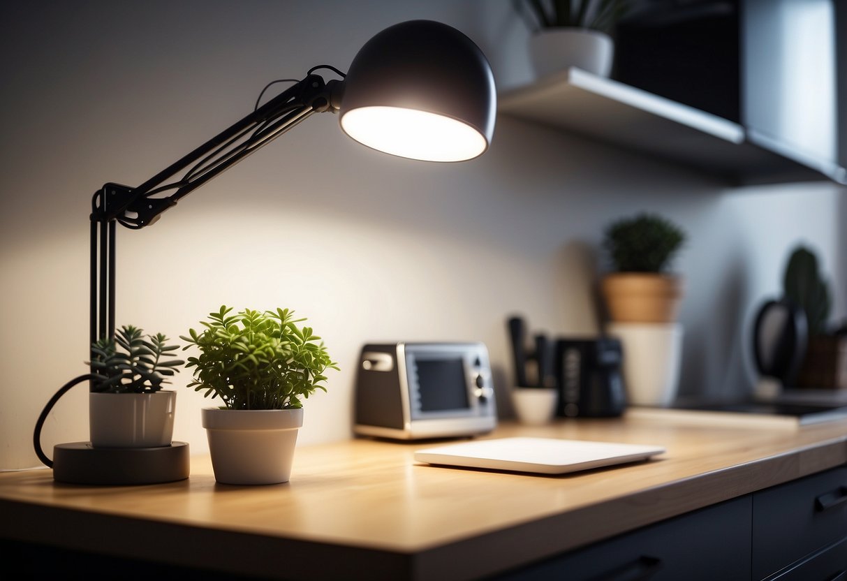 A bright LED task light illuminates a tidy utility room with stylish decor