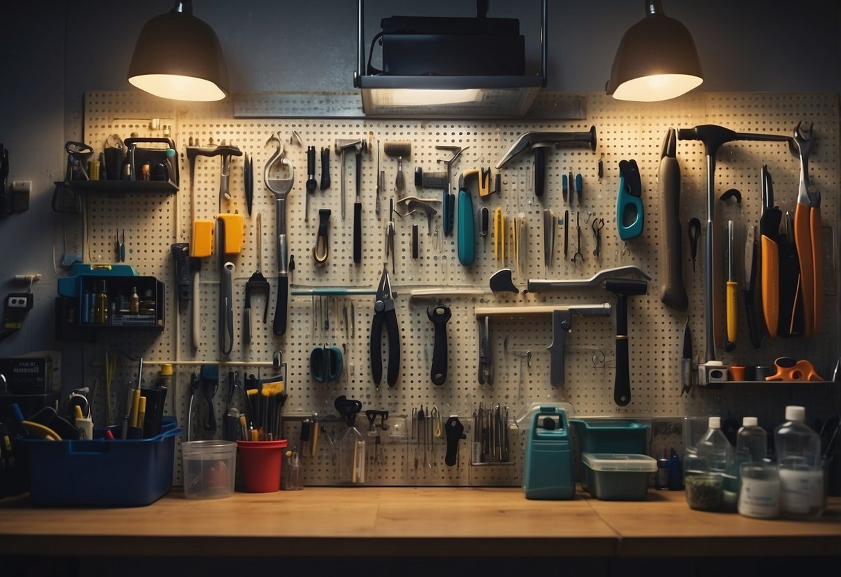 A pegboard mounted on the wall, neatly organizing tools and supplies in a utility room