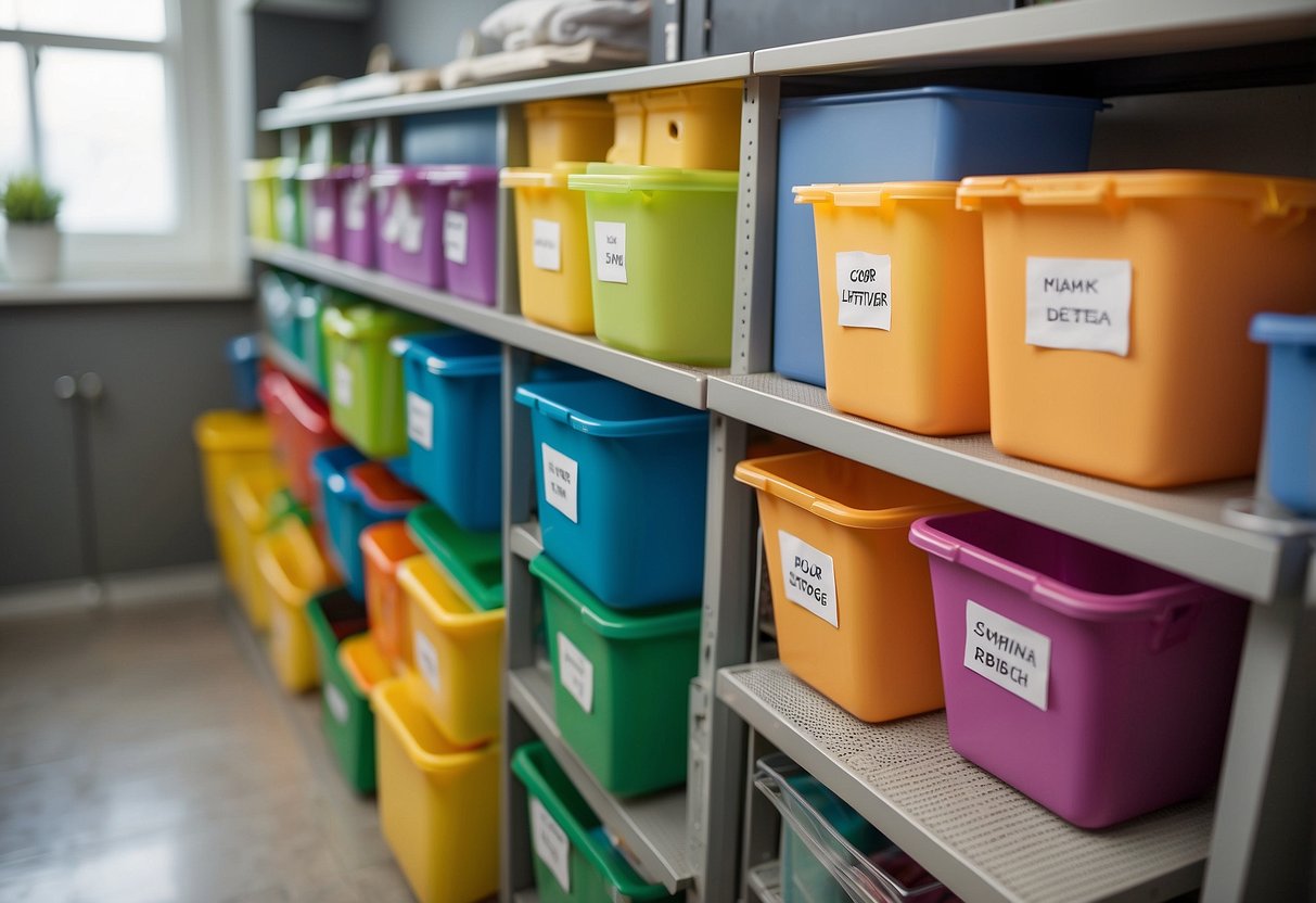 Color-coded storage bins neatly arranged in a utility room, adding a pop of color to the home decor