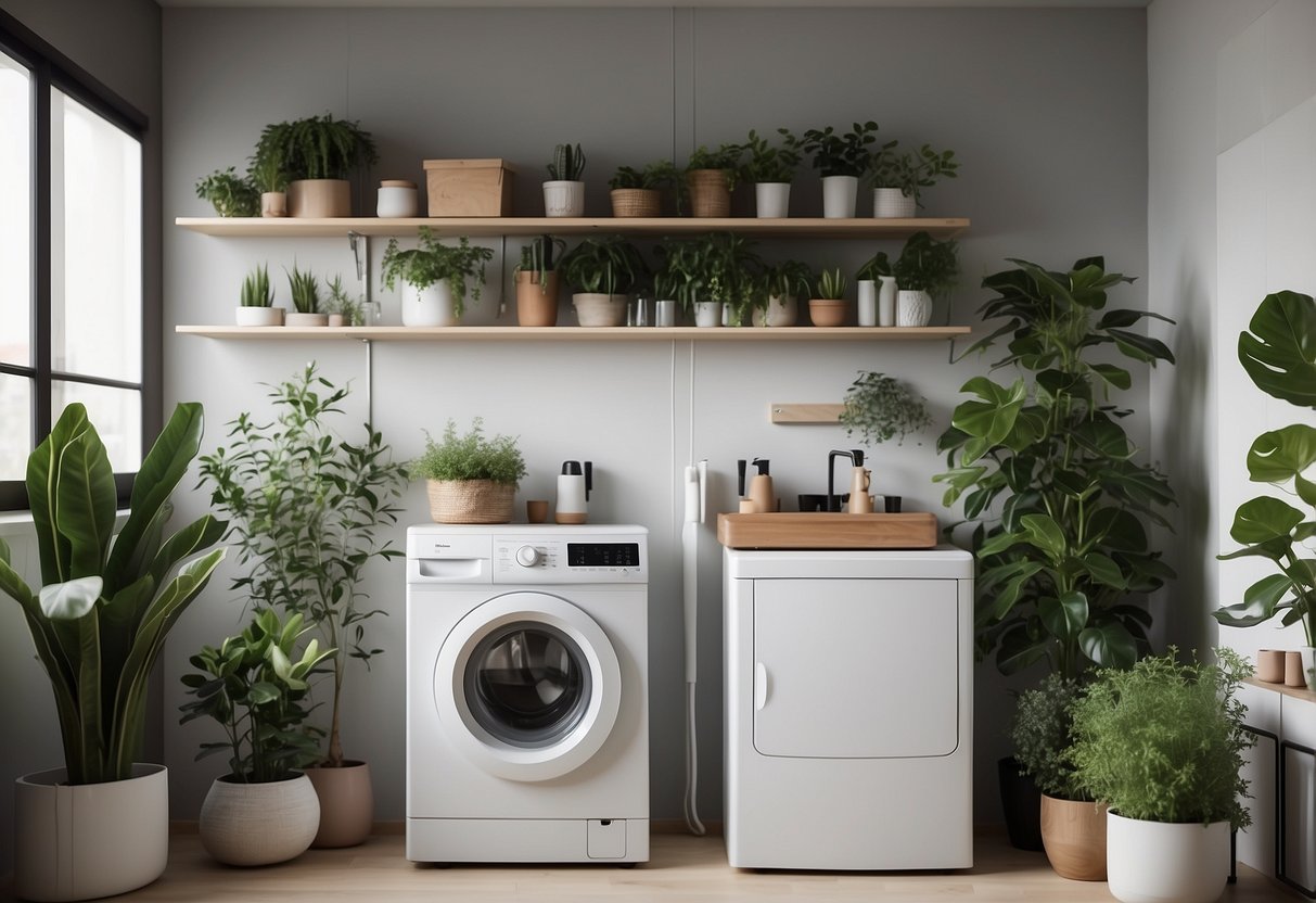 A utility room with minimalist decor, featuring sleek storage solutions and pops of color in the form of decorative objects and plants