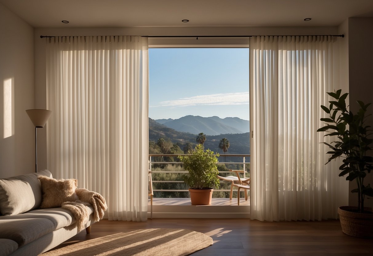 A sunlit room with white vertical blinds partially open, revealing a glimpse of sheer curtains billowing gently in the breeze