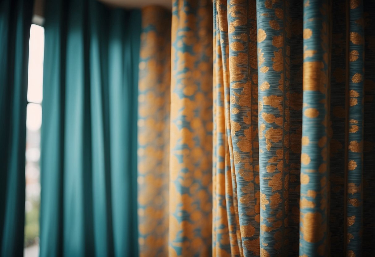 Bold patterned curtains hang beside vertical blinds, adding a pop of color to the room's decor