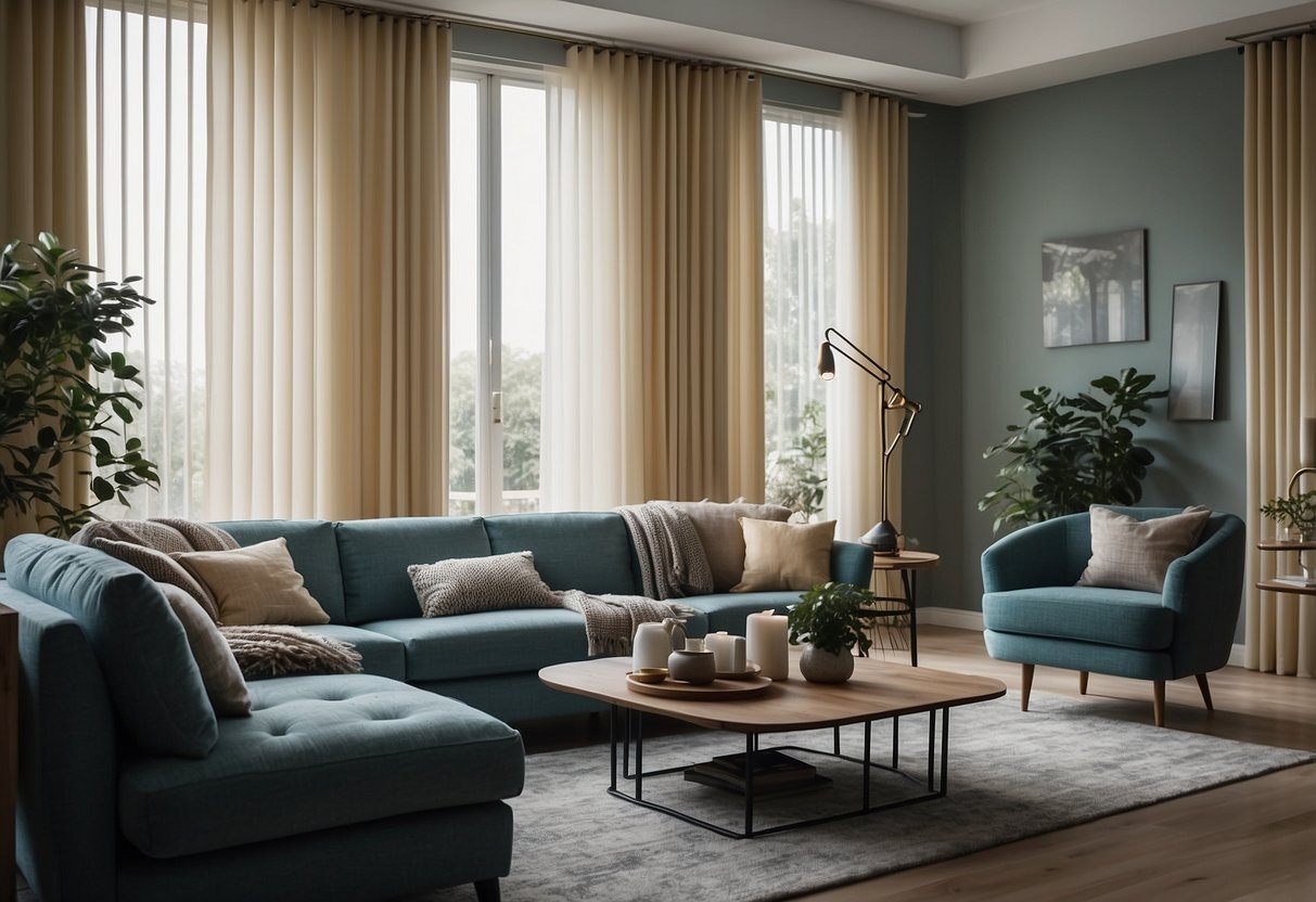 A living room with vertical blinds in two-tone colors, paired with matching curtains for a modern home decor idea