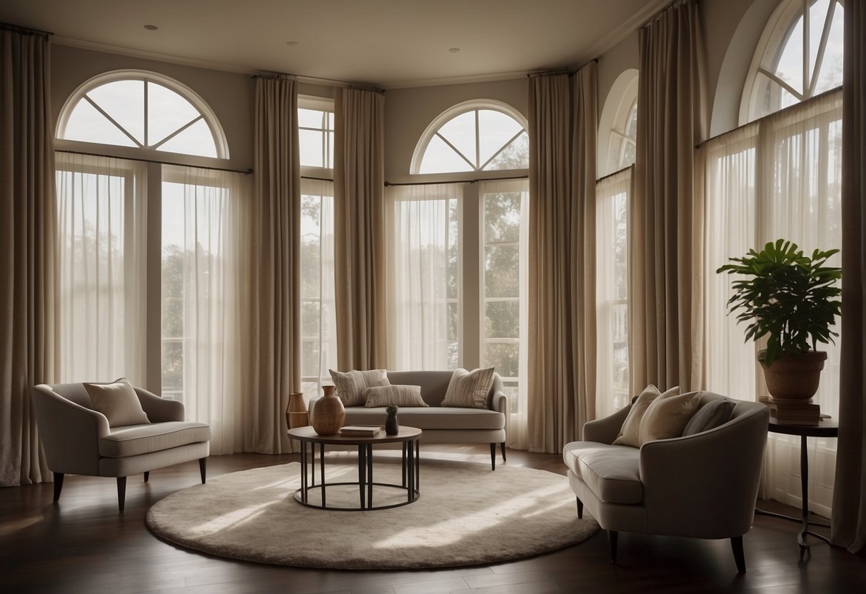 Floor-length velvet drapes hang elegantly, framing a large window. Vertical blinds are partially open, allowing soft light to filter through. A pair of sheer curtains adds a touch of elegance to the home decor