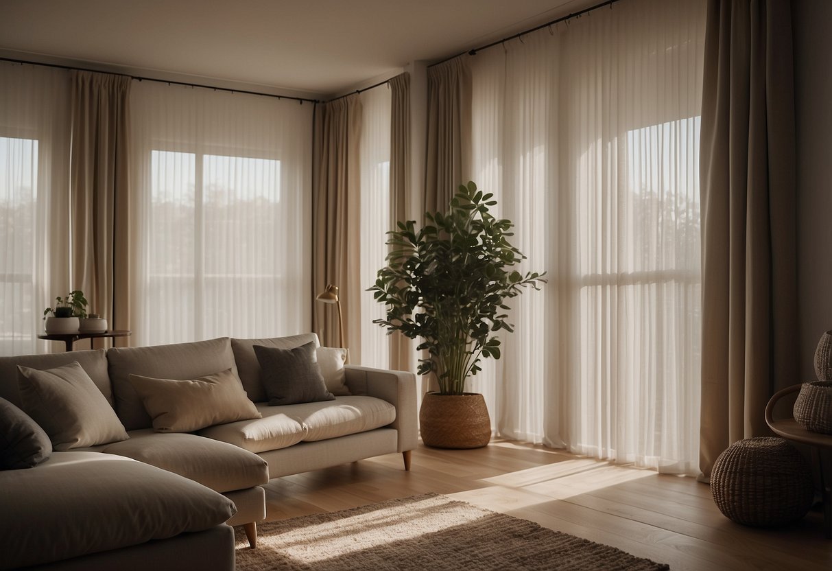 A room with linen-blend curtains and vertical blinds, creating a cozy and stylish home decor