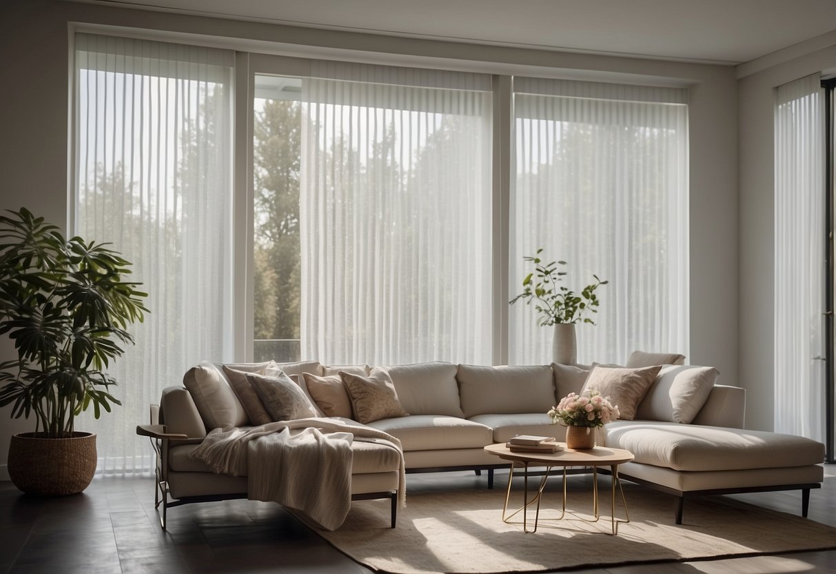 A bright room with tall, white vertical blinds and sheer curtains, creating a minimalist and modern home decor