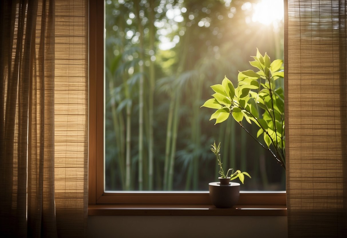 Bamboo blinds hang over a window, with light curtains billowing in the breeze, creating a cozy and inviting home decor scene