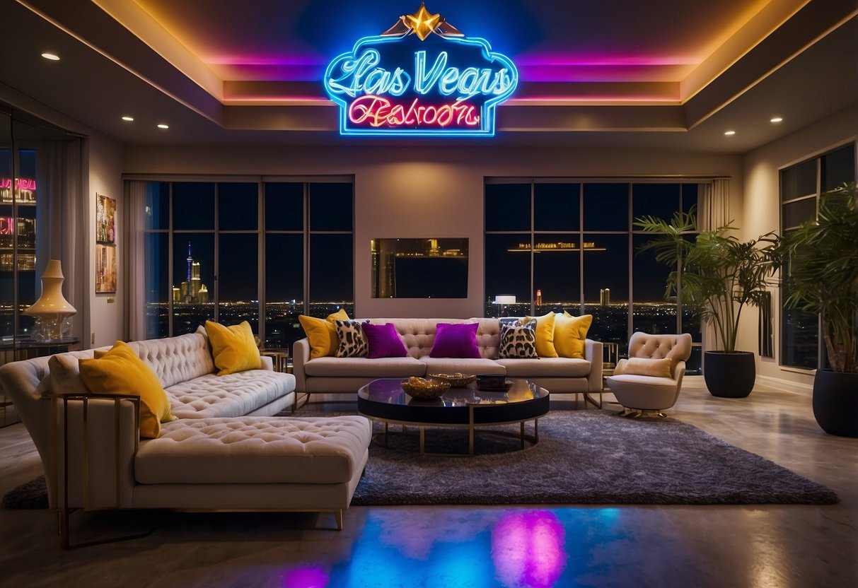 A modern living room with sleek furniture, bold colors, and neon accents. A wall adorned with a large, flashy Las Vegas sign. Glitzy chandeliers and mirrored decor complete the glamorous look