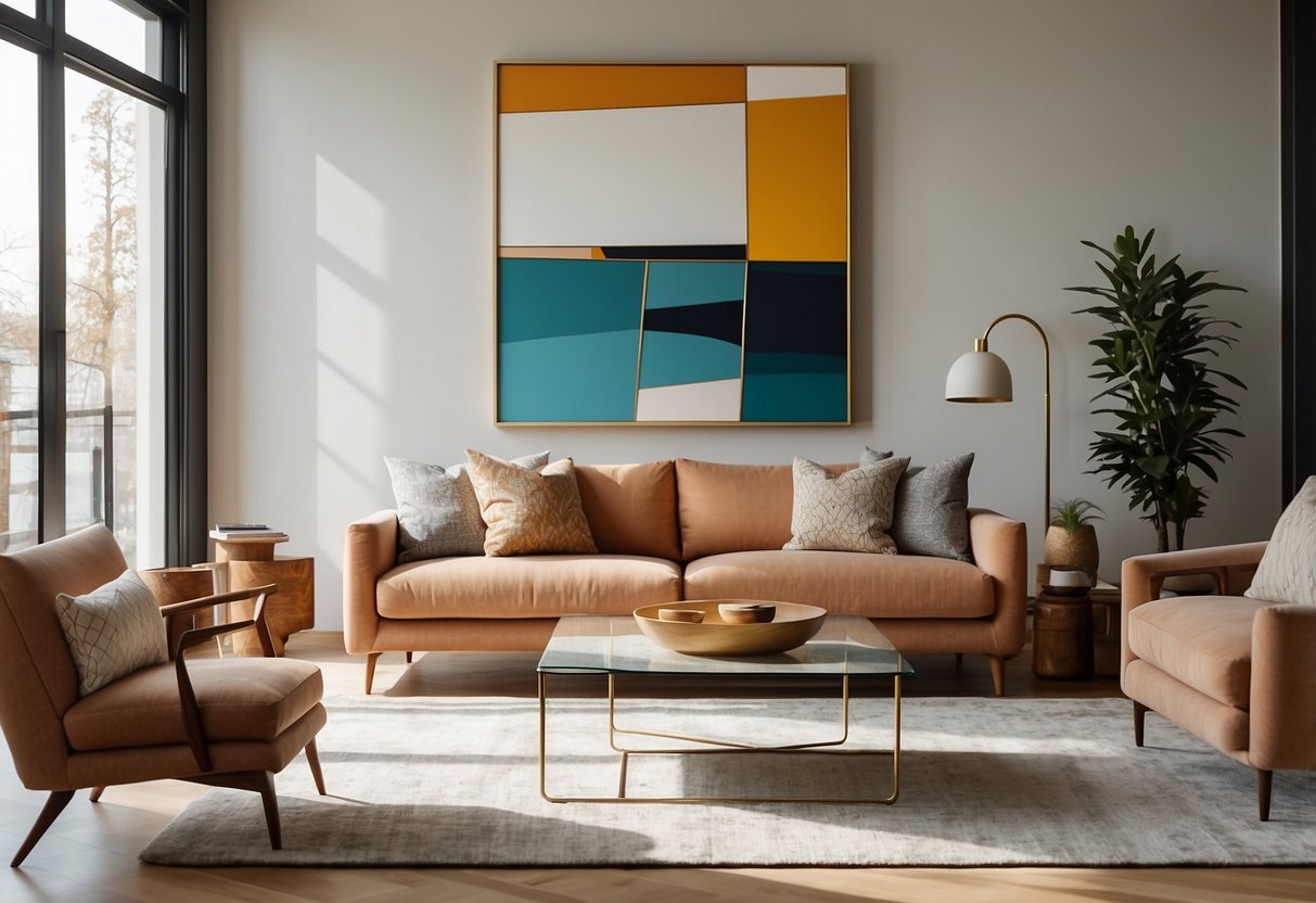 A spacious living room with mid-century modern sofas, sleek coffee table, and an abstract art piece on the wall. Bright natural light floods the room, creating a warm and inviting atmosphere