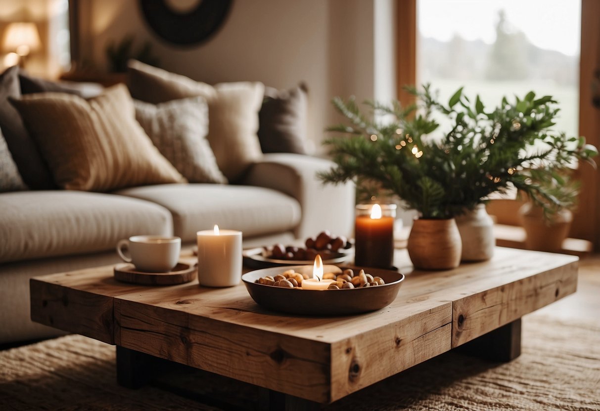 A cozy farmhouse living room with a rustic coffee table, surrounded by warm, earthy tones and natural textures, creating a welcoming and inviting space