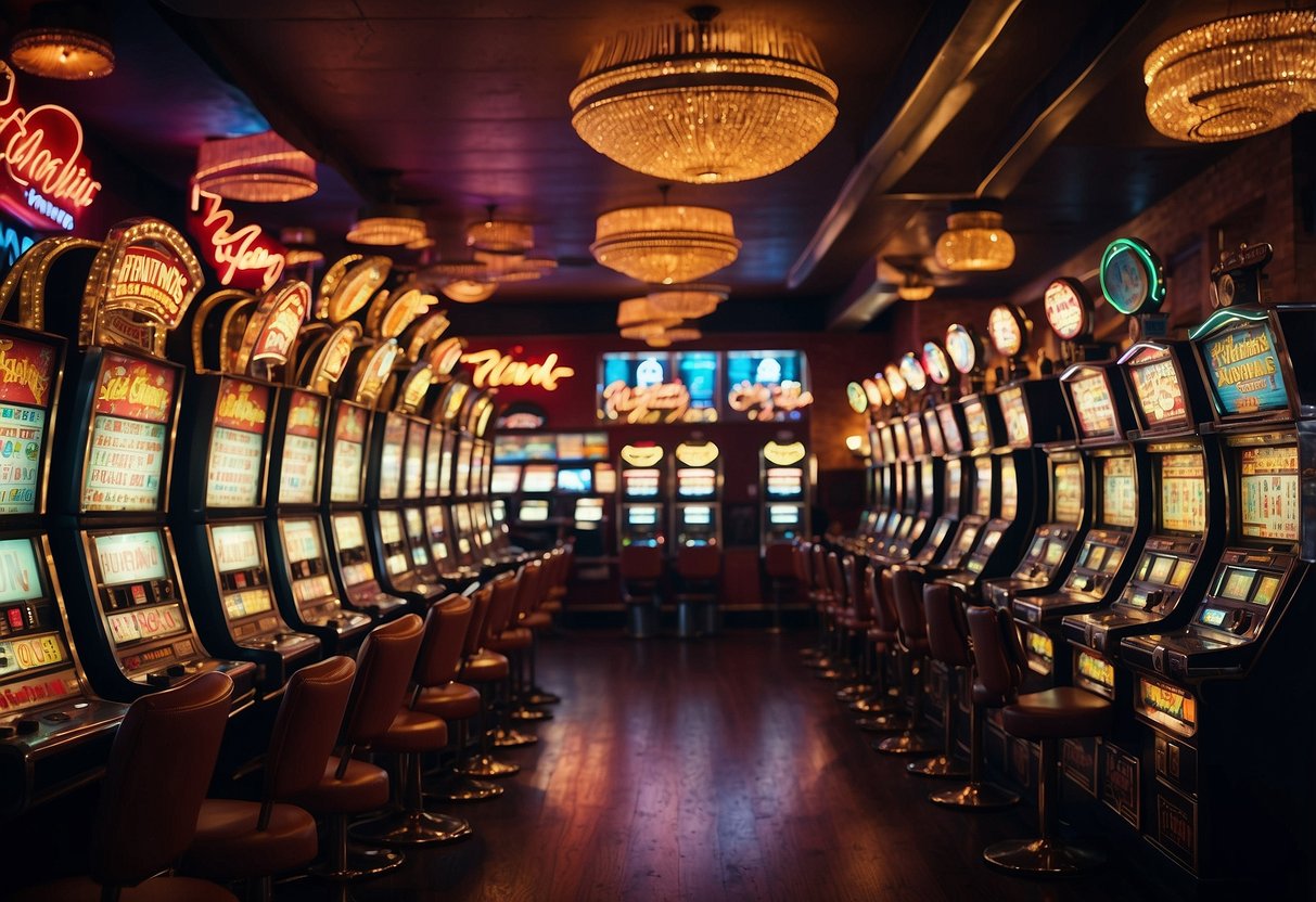 Vintage Las Vegas neon signs illuminate a retro-inspired living room, with old-fashioned slot machines and iconic casino logos adorning the walls