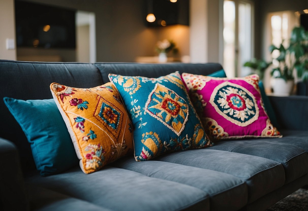 Colorful bohemian throw pillows arranged on a modern sofa in a Las Vegas living room, adding a vibrant and eclectic touch to the home decor