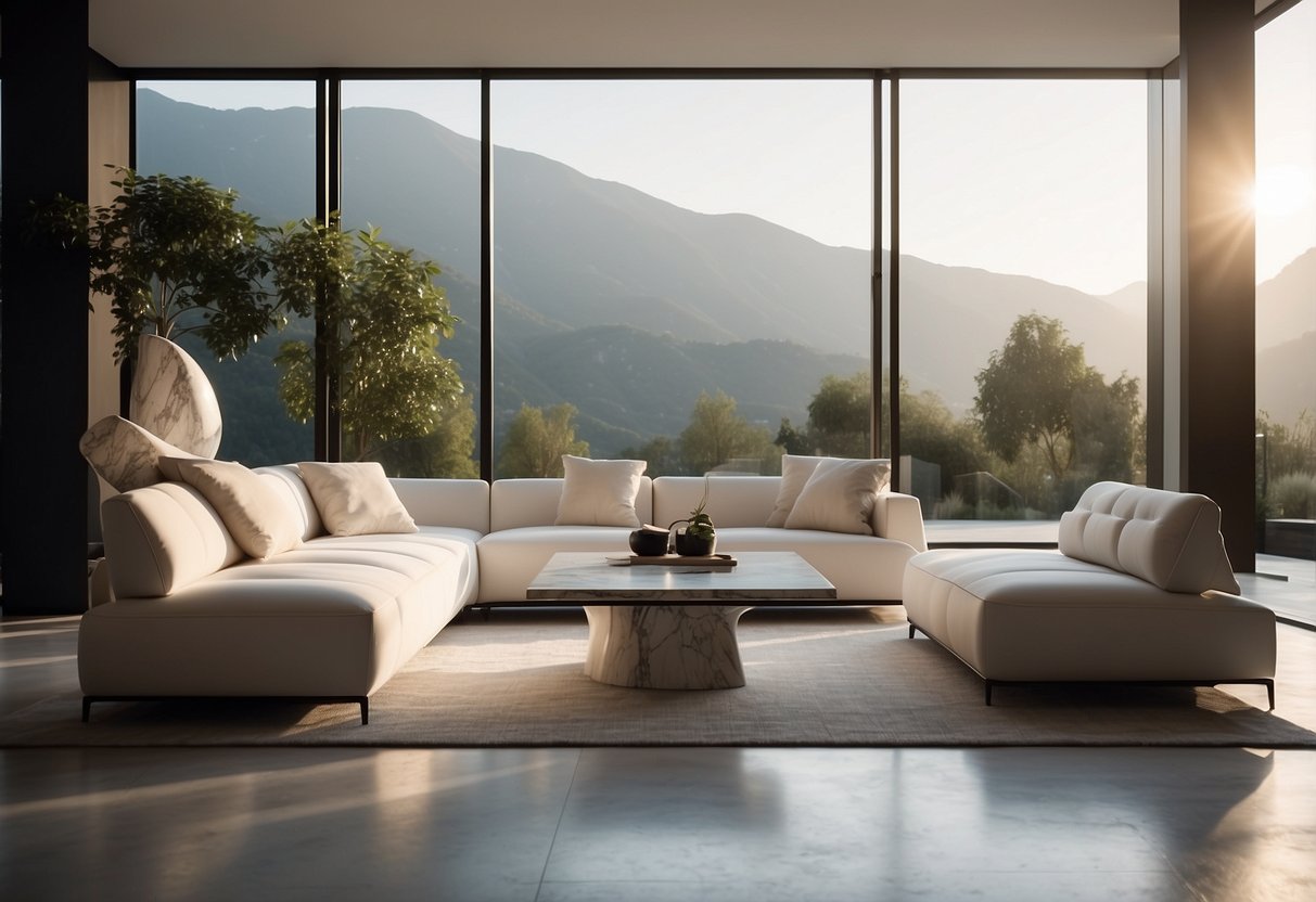 A sleek, modern living room with marble sculptures as focal points. Clean lines, neutral colors, and soft lighting create a sophisticated atmosphere