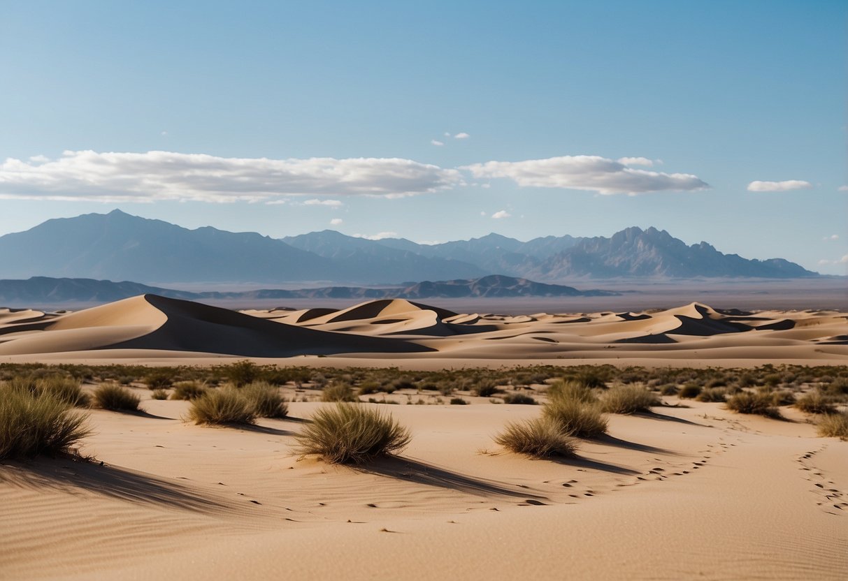 A vast desert landscape with rolling sand dunes and sparse vegetation, set against a clear blue sky with distant mountains