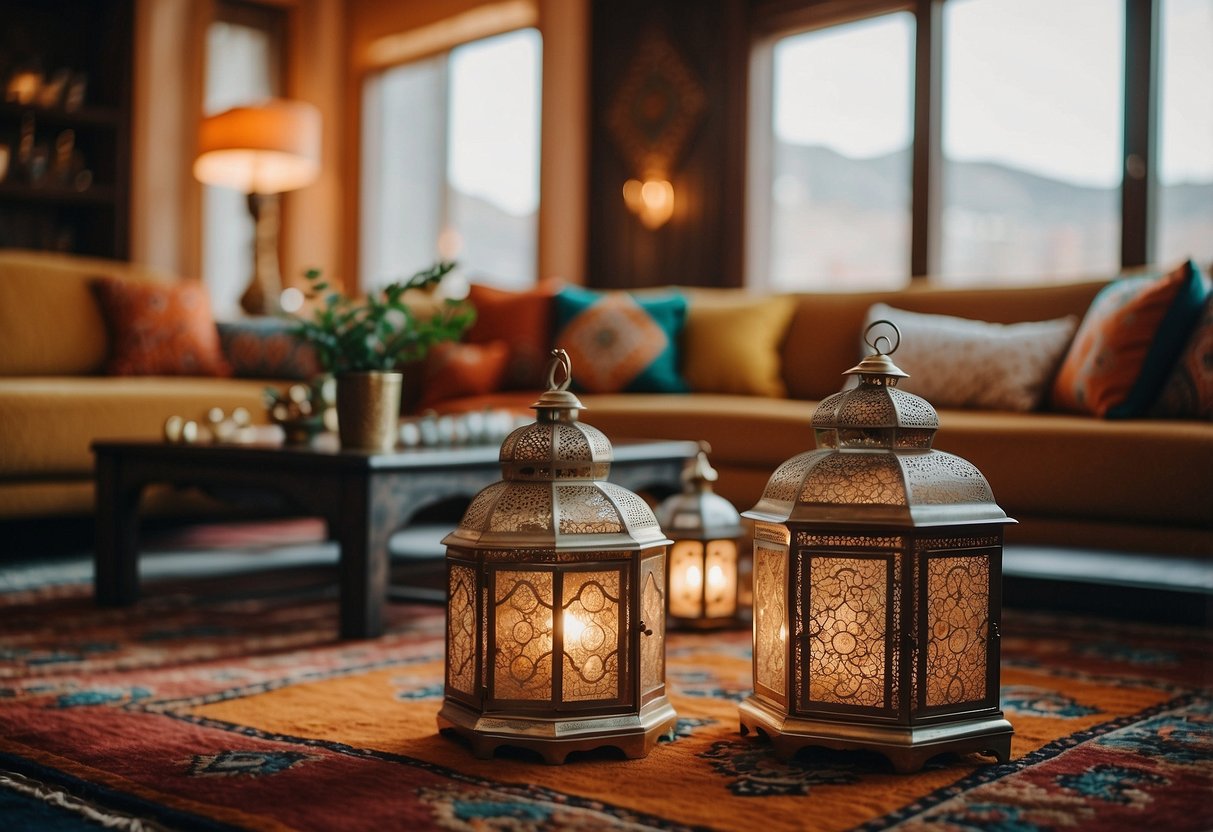 A living room with Moroccan-inspired area rugs, colorful throw pillows, and ornate lanterns, creating a cozy and vibrant atmosphere for Las Vegas home decor ideas