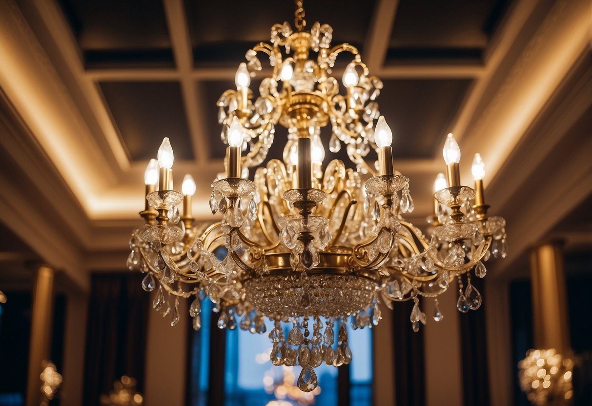 A grand chandelier illuminates a luxurious Las Vegas home, adding opulence to the decor