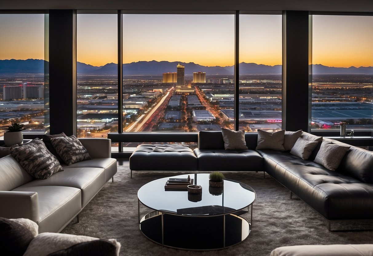 A modern living room with a sleek sectional sofa, glass coffee table, and bold artwork. Floor-to-ceiling windows reveal a view of the Las Vegas skyline