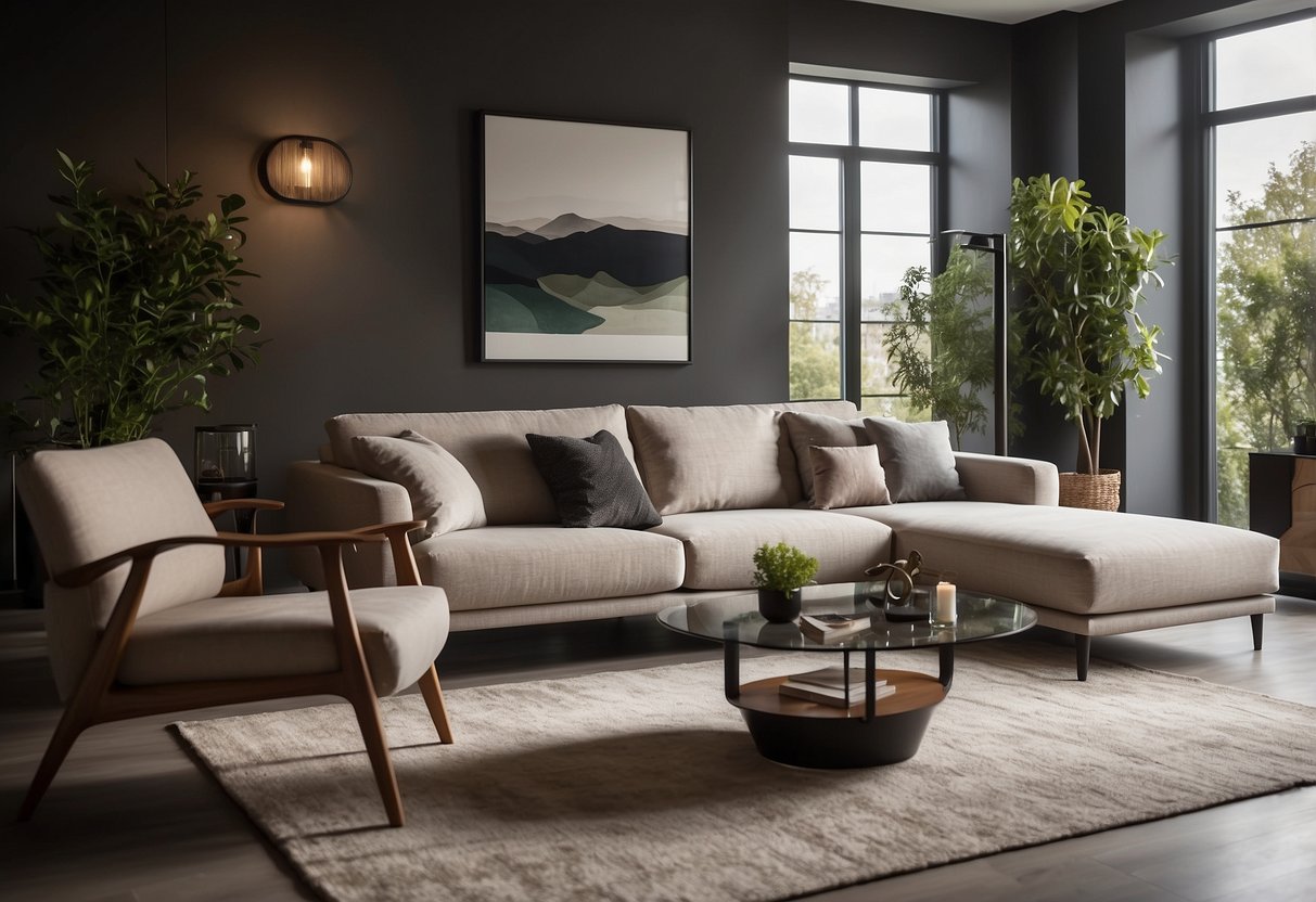 A modern living room with ambient lighting, showcasing sleek furniture and stylish decor. The room features a mix of natural and artificial light, creating a warm and inviting atmosphere