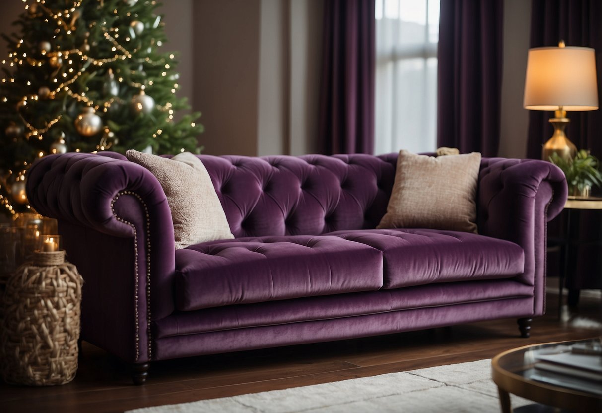 A plush plum velvet Chesterfield sofa sits elegantly in a cozy living room, adorned with soft throw pillows and a warm blanket