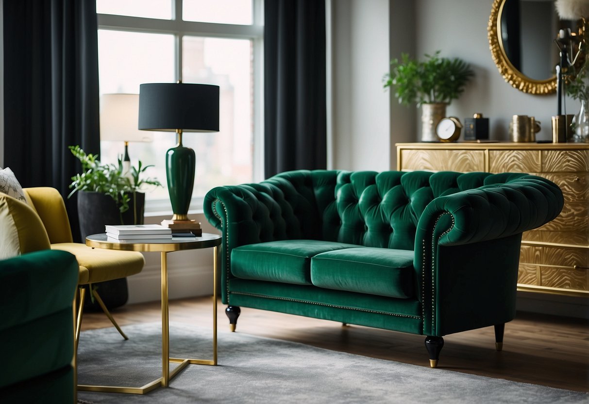 An emerald green velvet Chesterfield loveseat sits elegantly in a well-lit living room, surrounded by tasteful home decor and design accents