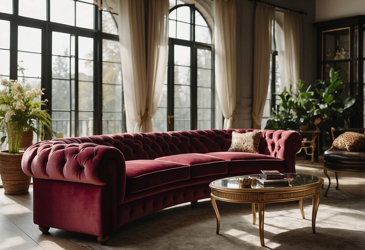 A luxurious ruby red Chesterfield sofa set sits elegantly in a sunlit living room, adorned with plush velvet cushions and surrounded by opulent home decor